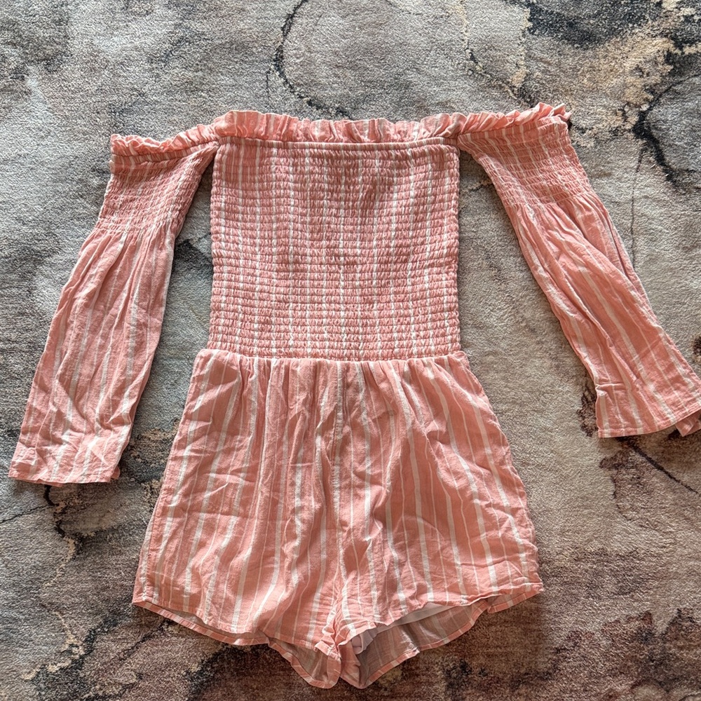 Rampage Pink Striped Off-Shoulder Romper